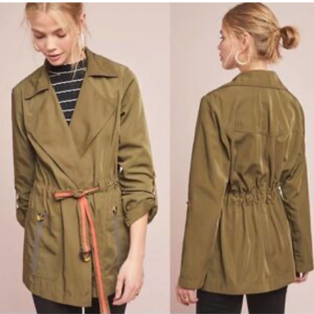 Anthropologie Gisborne Anorak olive green belted fall jacket women size Small